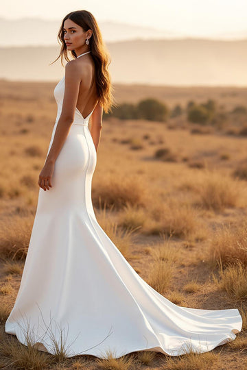 Mermaid Court Train Simple Stretch Satin Ivory Wedding Dress with Lace